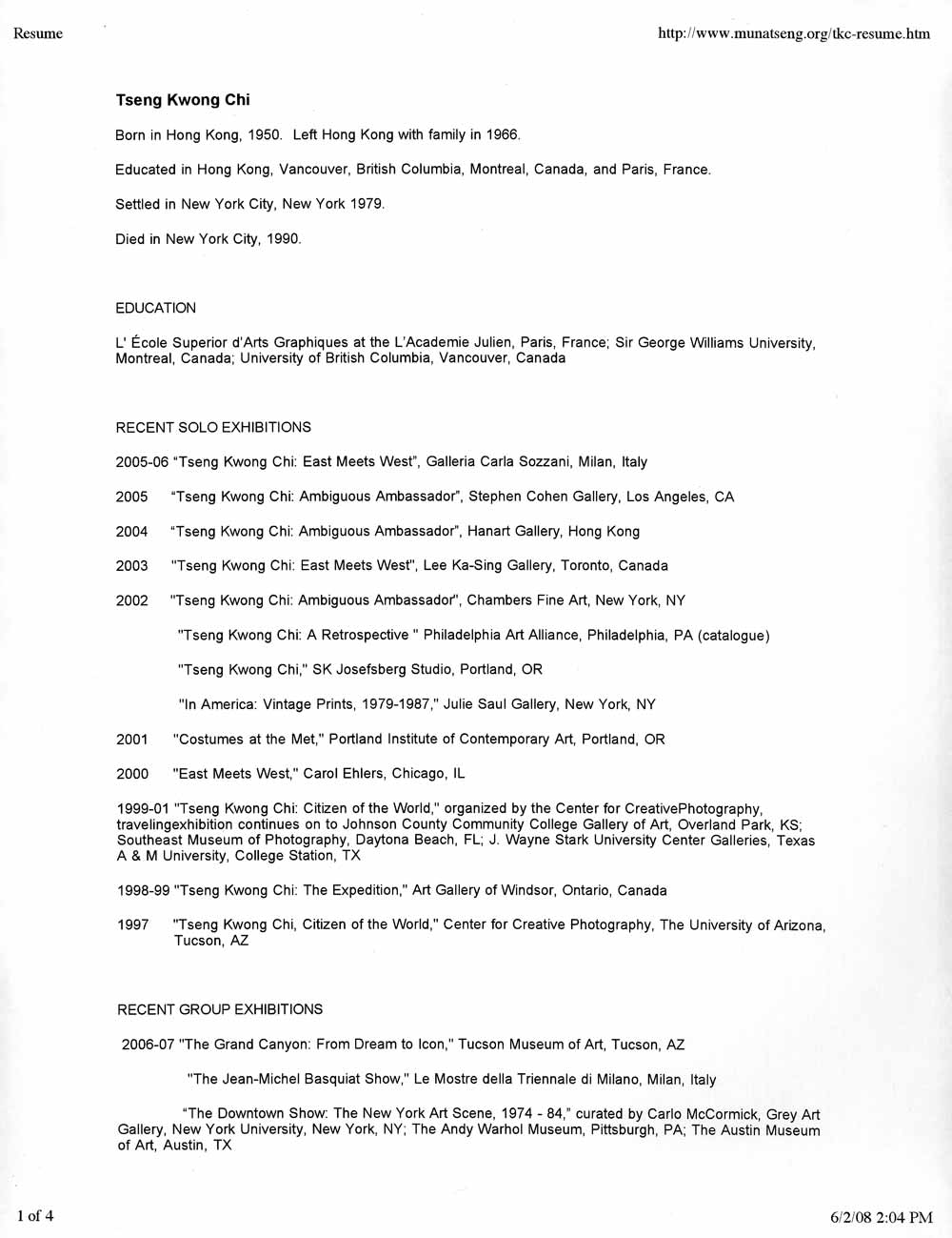 Tseng Kwong Chi's Resume, pg 1